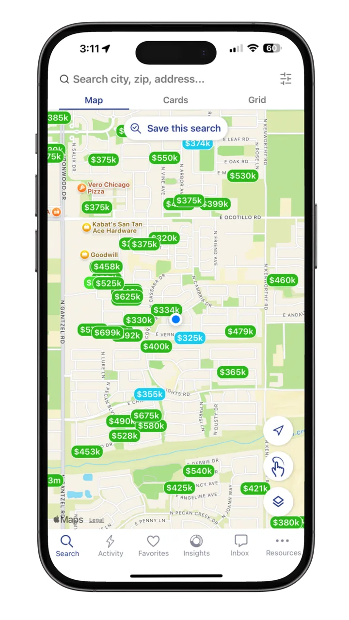 The home search app showing Arizona listings on a map with prices