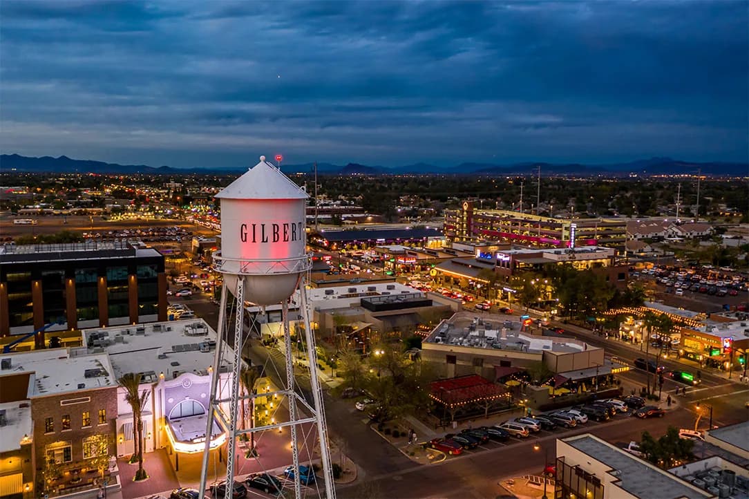 The Gilbert water tower in the Heritage District at dusk