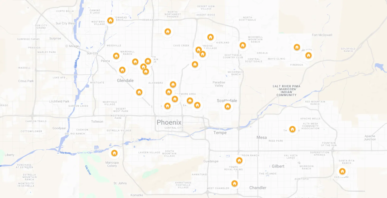 Map of metro Phoenix showing the locations of homes Saro Hagobian has represented, from Glendale to Fountain Hills to Chandler